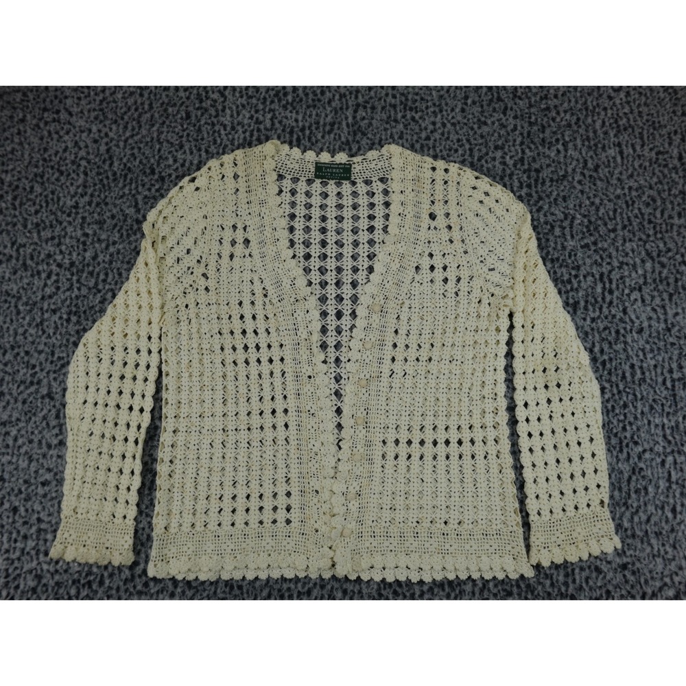 Lauren Ralph Lauren Petite Crochet Cardigan Womens Small Cream Hand Knit‎ V-Neck